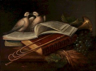 A 19TH CENTURY STILL LIFE WITH DOVES AND MUSIC