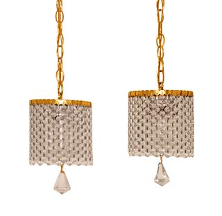 Mid-Century Modern Crystal And Gilt Metal Drum Chandeliers Pair H 10'' Dia. 6.5''