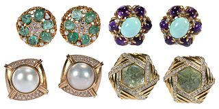 Four 14kt Diamond, Gemstone and Mabe Pearl Clip on Earrings