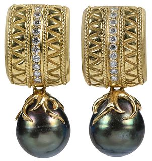 18kt. Black Baroque Pearl and Diamond Clip On Earrings