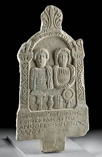 Roman Phrygian Marble Stele Couple w/ Inscription