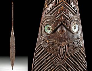 19th C. Maori Wood Hoe Kowhaiwhai Motifs, Abstract Tiki