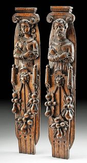 17th C. European Wood Caryatids, Man & Woman