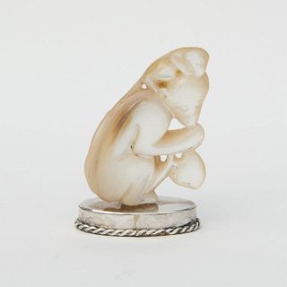 Chinese Mother of Pearl Monkey Figurine on Silver Base