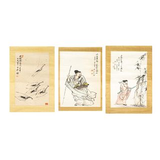 3pc Antique Chinese Brush Paintings on Paper Signed