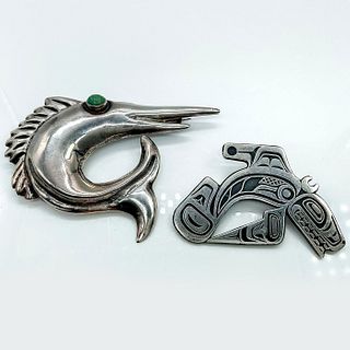 2pc Native American Orca and Fish Sterling Silver Brooches