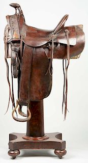 Deep Chestnut Brown Leather Racek Saddle And Stand.