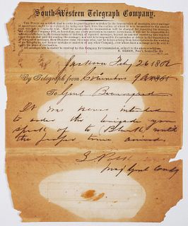 1862 Telegram to General PGT BEAUREGARD
