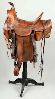 Lot Of 3: F.A. Meanea Brown Leather Saddle, Lasso & Stand.