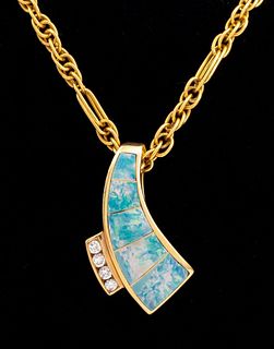 14K Gold Opal Inlay Diamond Pendant Necklace
