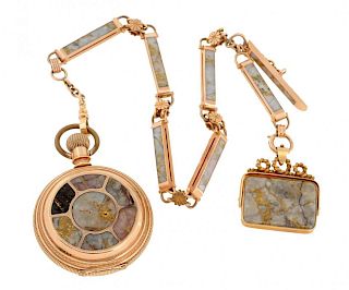 Large Size 18 Solid Gold & Gold Quartz Decorated Pocket Watch.