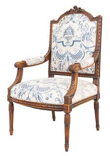 Louis XVI Style Upholstered Carved Oak Armchair