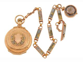Large Gold Pocket Watch with Chain & Fob.