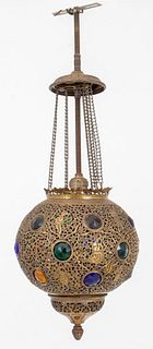Moroccan Glass Gem Set Reticulated Brass Lantern