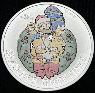 Colorized 2022 Tuvalu Simpsons Seasons Greetings 1 ozt .9999 Silver Dollar
