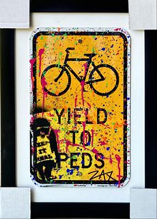 E.M. Zax Hand painted metal street sign "Yield to Peds"