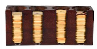 Poker Chip Set In Wooden Holder.