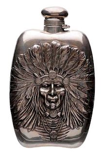 Silver Whiskey Canteen With Indian Head In Relief.