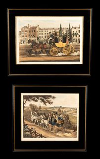 A Pair of Antique English James Pollard (1792-1867) Stagecoach Aquatints
