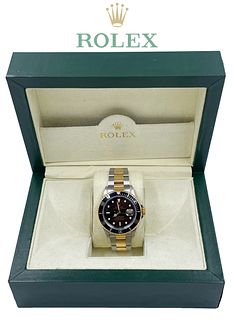 A ROLEX, STAINLESS STEEL & YELLOW GOLD SUBMARINER BOXED WATCH