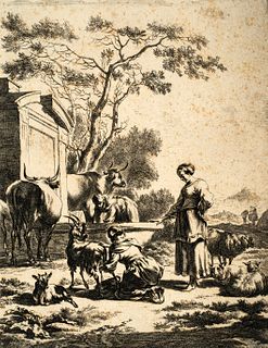 Nicolaes Berchem (1620-1683) 'Women with Cows and Goats at a Fountain'