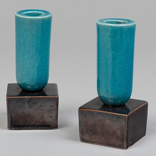 Pair of American Turquoise and Aubergine Glazed Pottery Candlesticks
