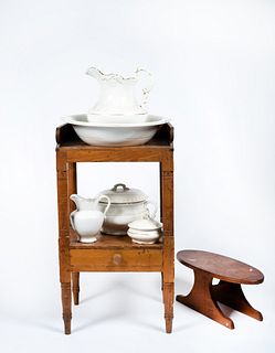 An Antique Pine Wash Stand with Five Pieces Assembled White China