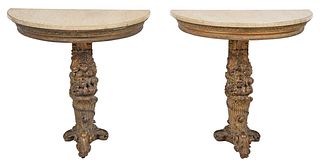Pair of Neoclassical  Carved, Gilt and Marble Top Consoles