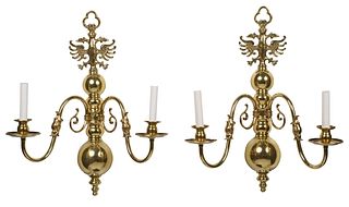 Pair of Electrified Brass Two Light Wall Sconces