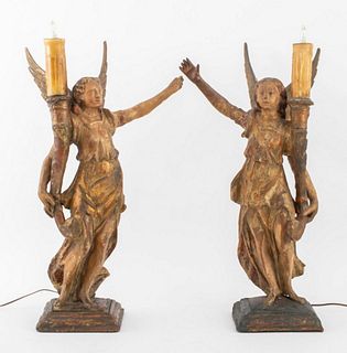 Baroque Style Polychromed Wooden Angel Lamps, Pair