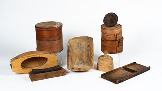 Vintage Wooden Cheese Boxes, Butter Molds, Knife Sharpener, and Slicer
