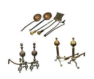 Two Pairs of Brass Andirons and Fire Tools