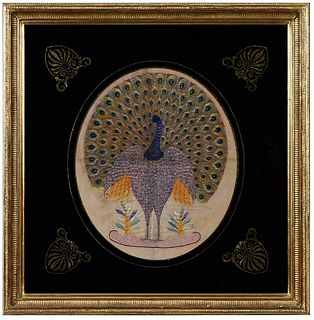 Framed Peacock Silk Needlework on Satin