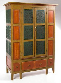 EASTERN VIRGINIA PAINTED PUNCHED-TIN-PANELED YELLOW PINE PLANTATION SAFE