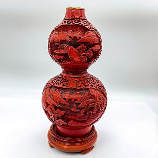 Vintage Chinese Cinnabar Lacquer Gourd Vase with Stand