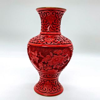 Vintage Chinese Cinnabar Lacquer Vase, Flower Pattern