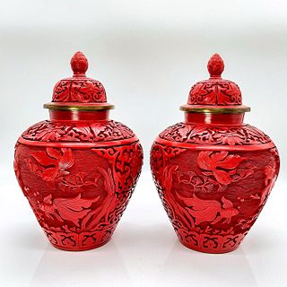 Pair of Chinese Cinnabar Lacquer Covered Urns