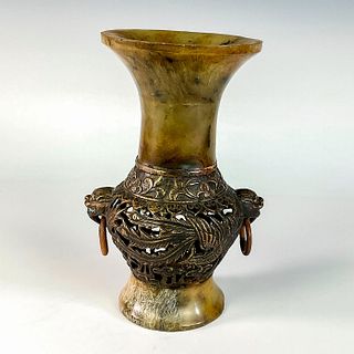 Chinese Stone and Gilded Bronze Lion-Head Handles Vase