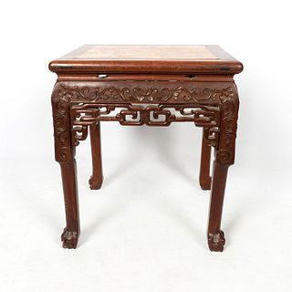 Chinese Carved Wooden Marble End Table