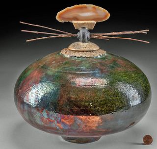Joseph Woodford Raku Lidded Jar, Twigs & Agate