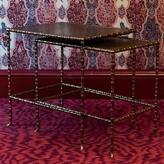 Two Cast Brass and Leather Topped Nesting Tables, in the Manner of Bagues