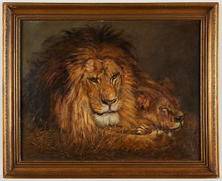Geza Vastagh Lion and Lioness Painting