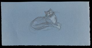 Paul Cadmus Cat Crayon on Blue Paper Sketch