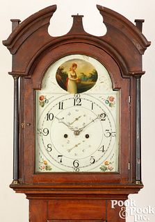 Painted pine tall case clock early 19th c.