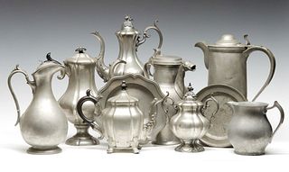A TEN PIECE COLLECTION OF ANTIQUE PEWTER