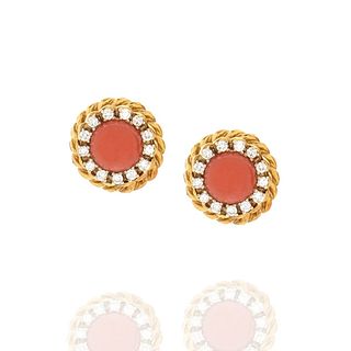 Coral, Diamond and 18K Earrings