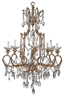 Italian Gilt, Wrought Iron, Painted Wood, and Crystal Hung Eight Light Chandelier