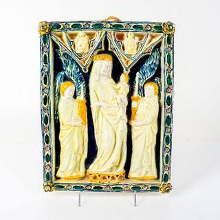 Majolica Ceramic Plaque, Mary with Angels