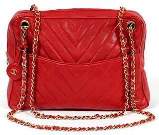 CHANEL CHEVRON QUILTED RED LAMBSKIN BAG