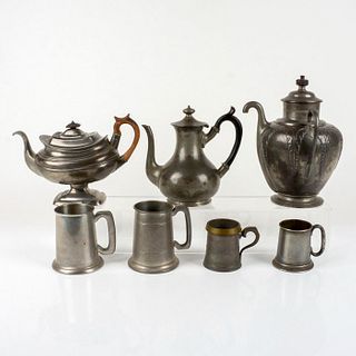 7pc Vintage Pewter Teapots & Mugs Set